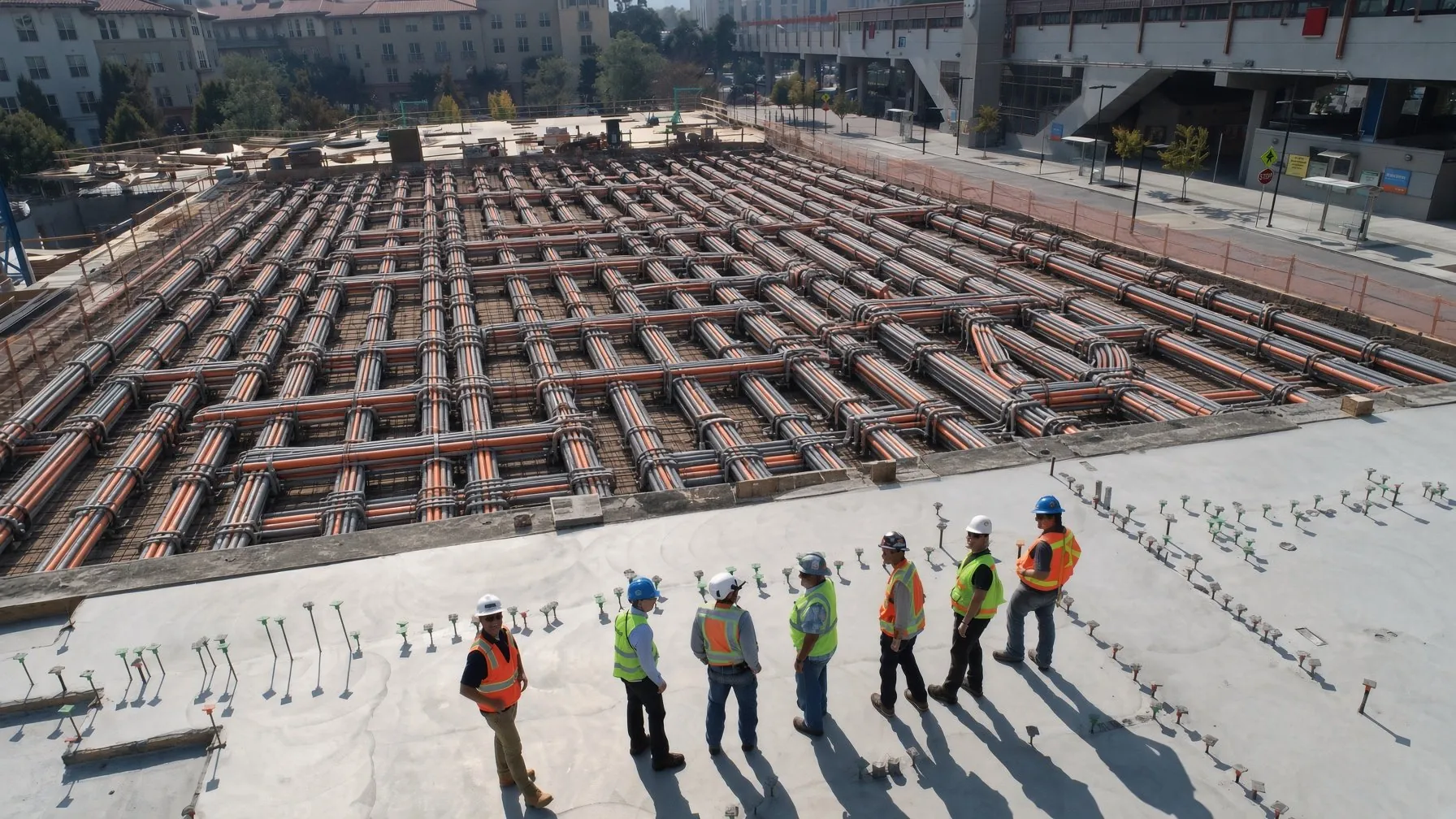 Vista aérea de una obra de urbanización de Grupo Corporativo Aguilar con personal de campo supervisando la construcción